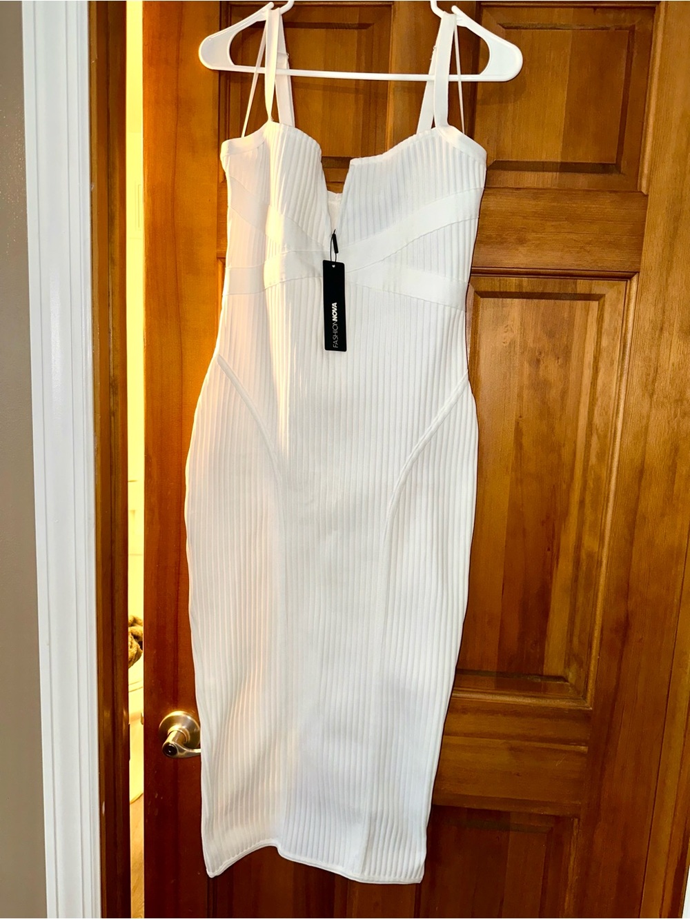 NWT Fashion Nova White Ribbed Midi Bodycon Dress with Spaghetti Straps Medium
